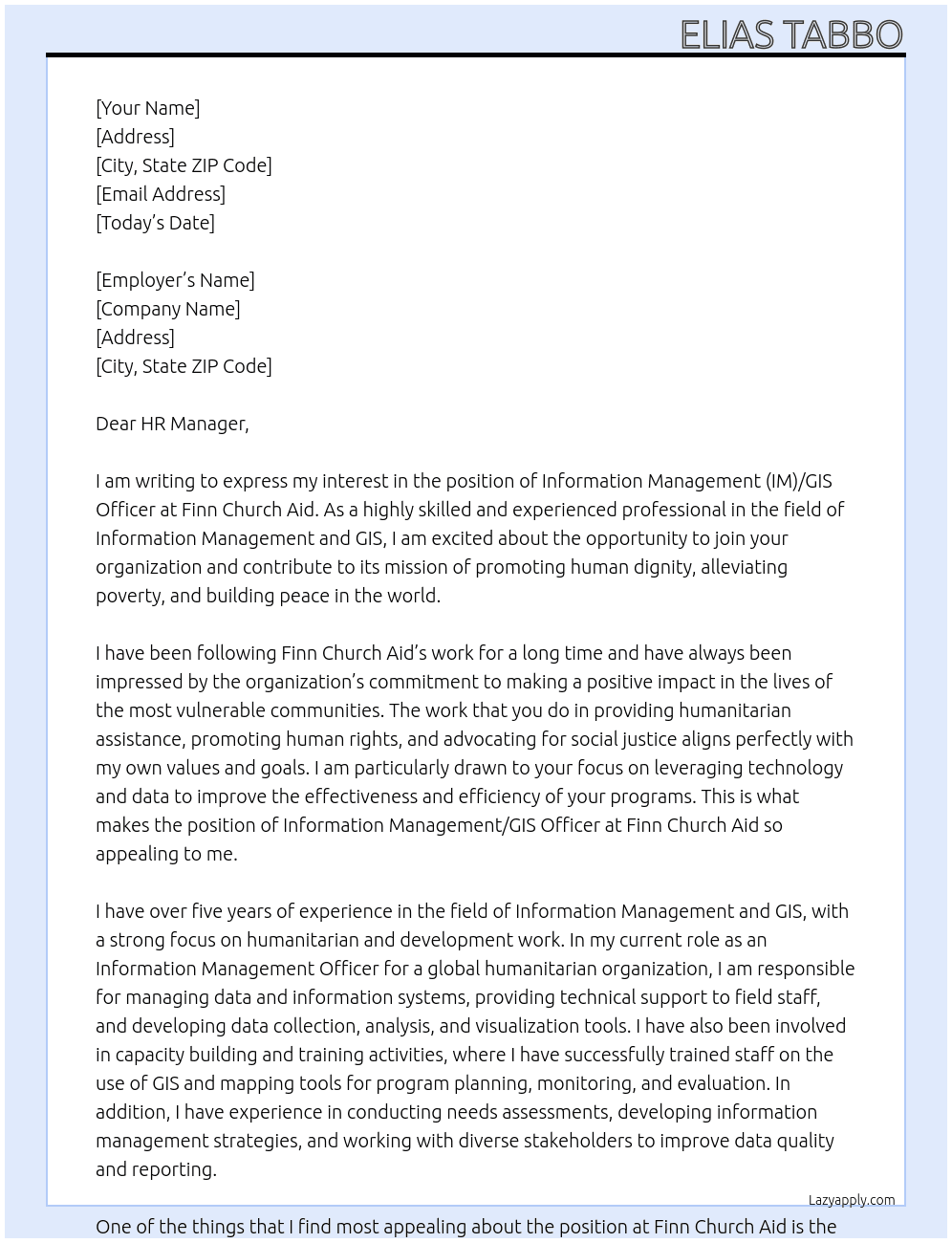 Information Management (IM)/GIS Officer At Finn Church Aid Cover Letter