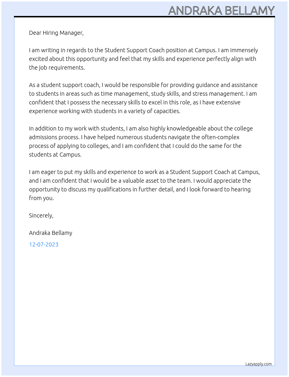 Student Support Coach At Campus Cover Letter