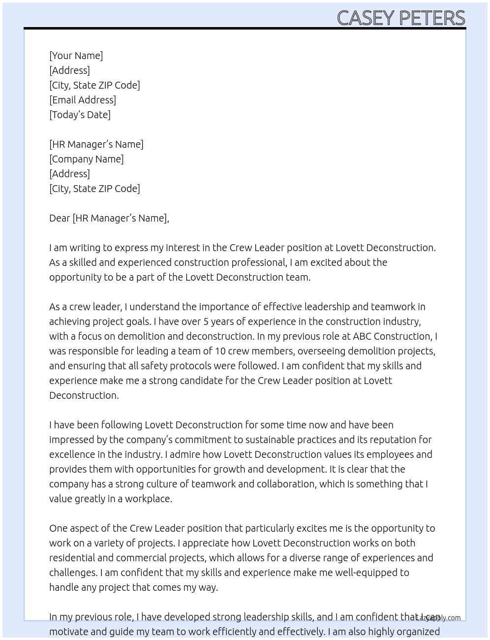 crew leader At Lovett Deconstruction Cover Letter