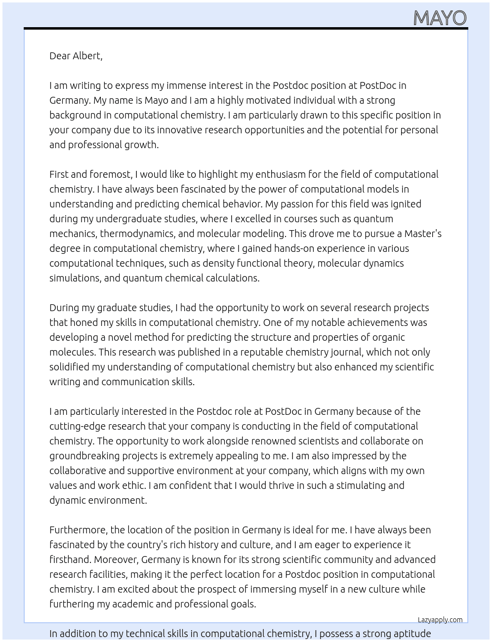 Postdoc position At PostDoc in Germany Cover Letter
