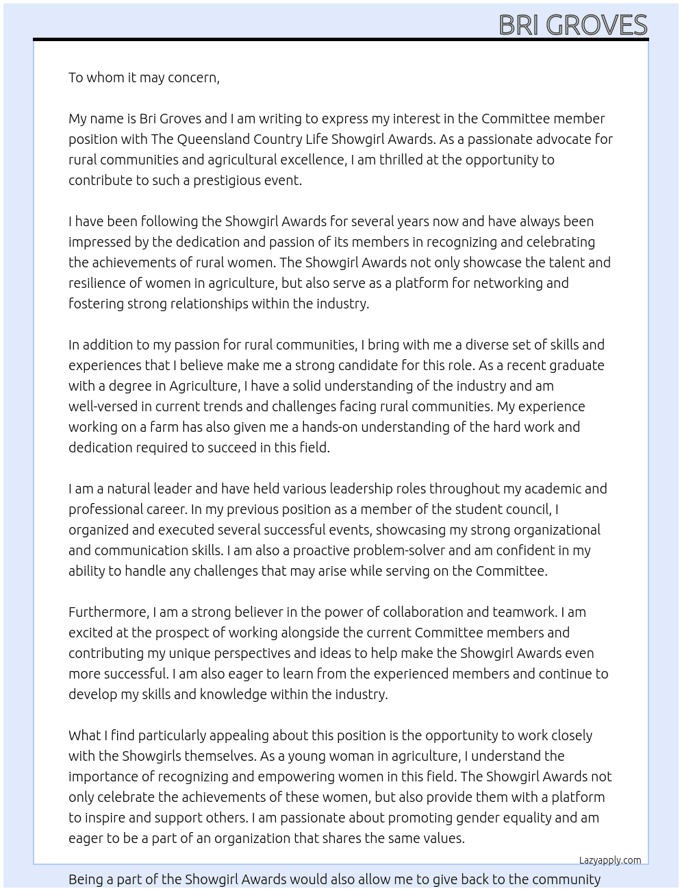 The Queensland Country Life Showgirl Awards are looking for a new Committee member At The Queensland Country Life Showgirl Awards Cover Letter