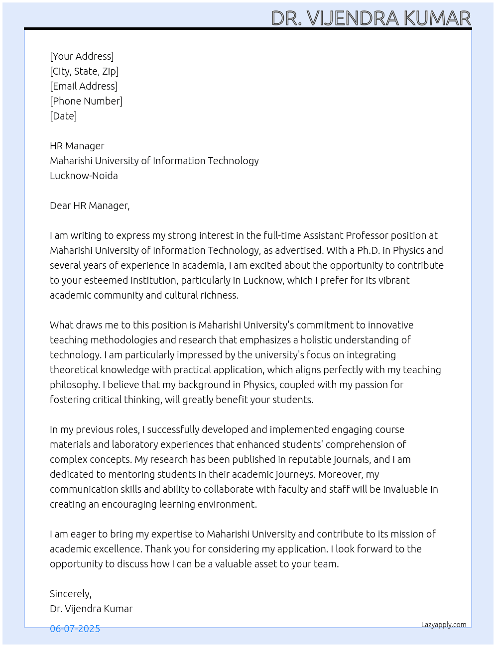 Assistant professor At Maharishi University of Information Technology, Lucknow-Noida Cover Letter