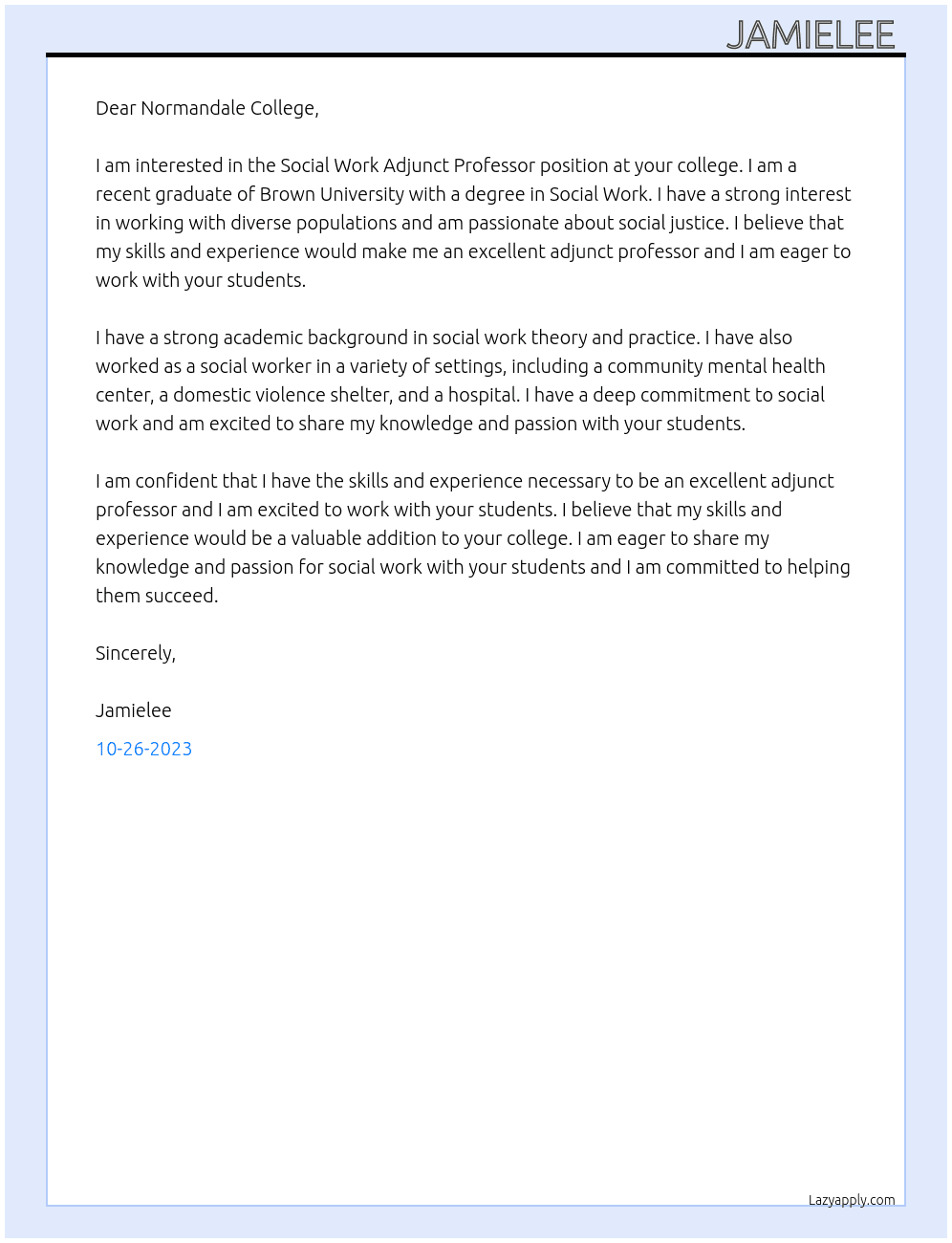 Social Work Adjunct Professor At Brown Cover Letter
