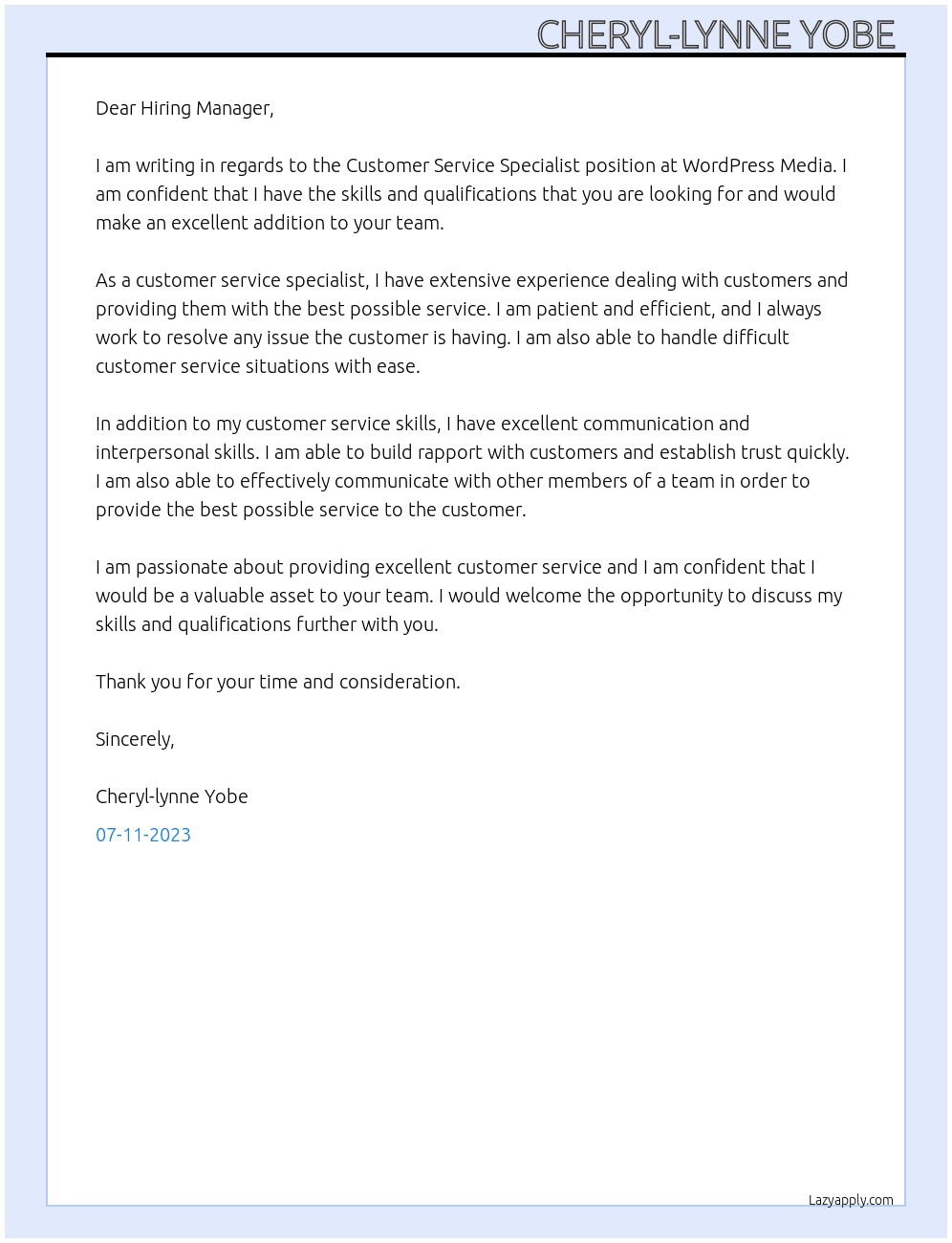 Customer service Specialist  At WordPress Media  Cover Letter