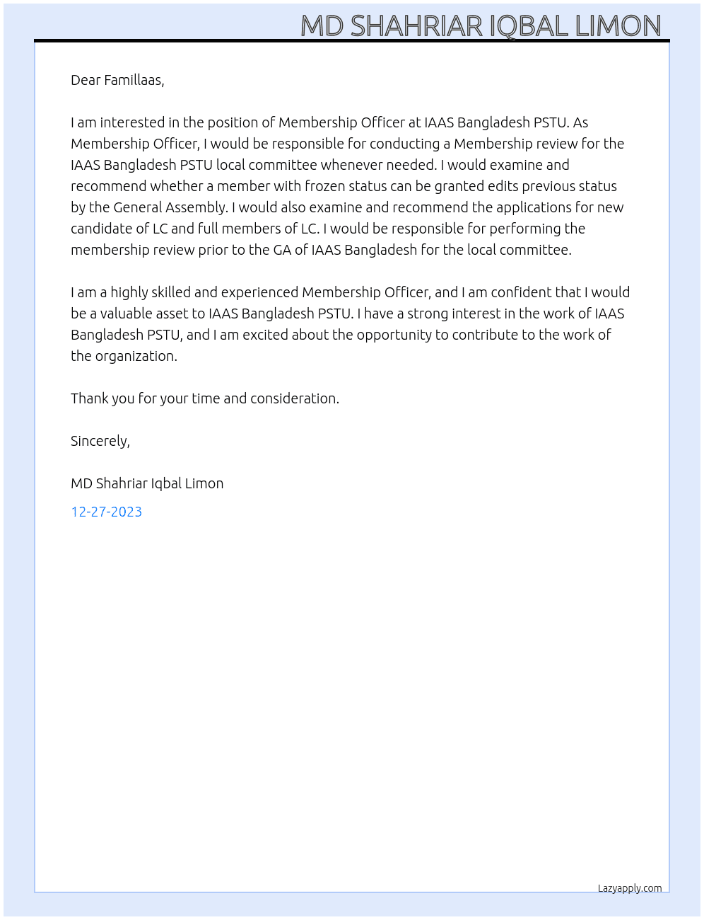 Membership Officer  At IAAS Bangladesh PSTU  Cover Letter