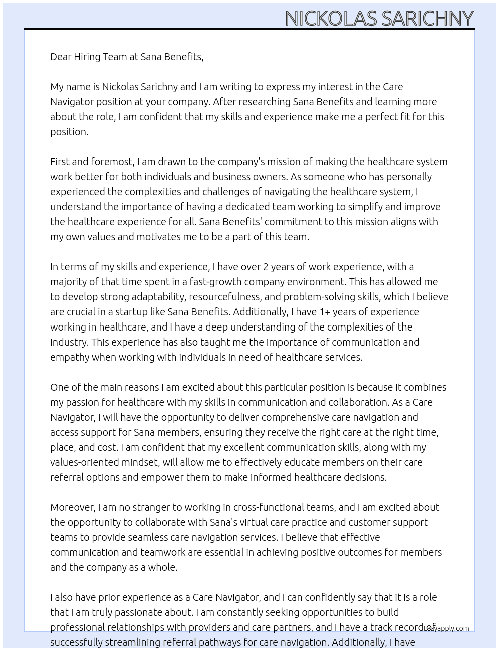 Care Navigator At Sana Benefits Cover Letter
