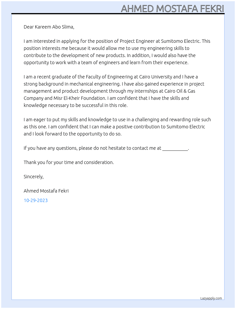 Project Engineer  At Sumitomo Electric  Cover Letter