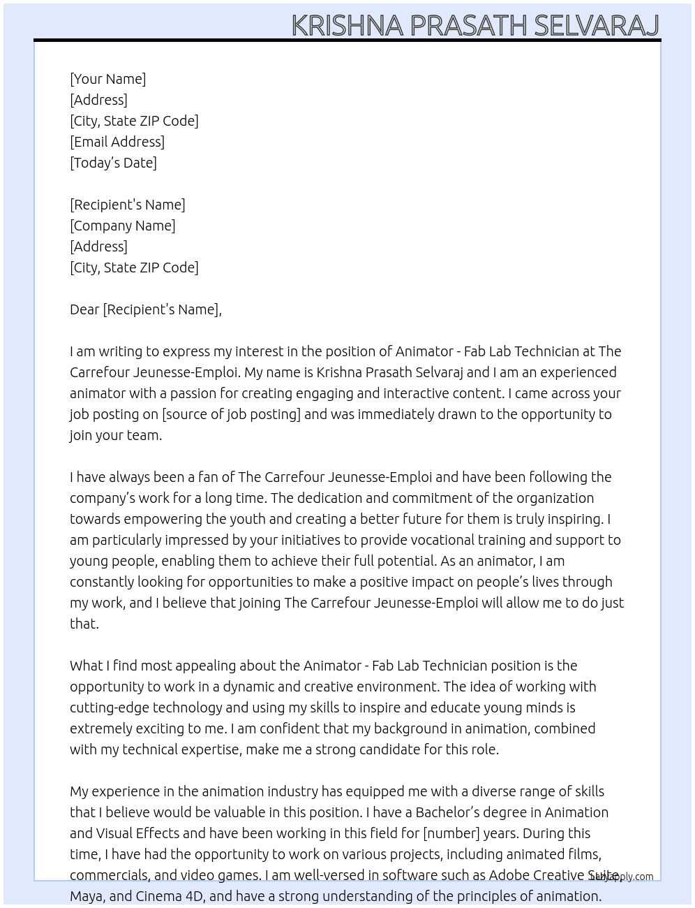 Animator - Fab Lab Technician At The Carrefour Jeunesse-Emploi Cover Letter