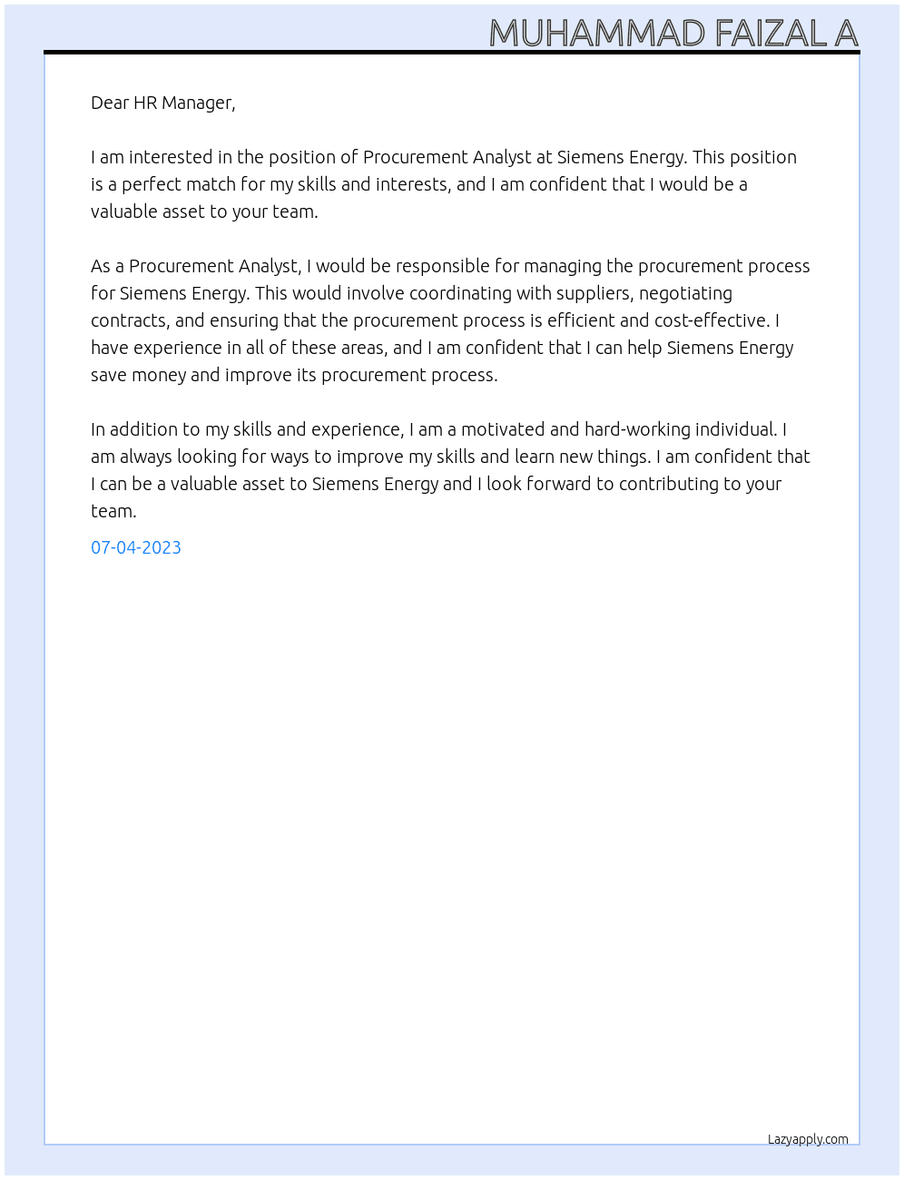 Procurement Analyst At Siemens Energy Cover Letter
