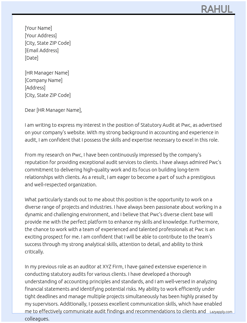 Statutory Audit At Pwc Cover Letter