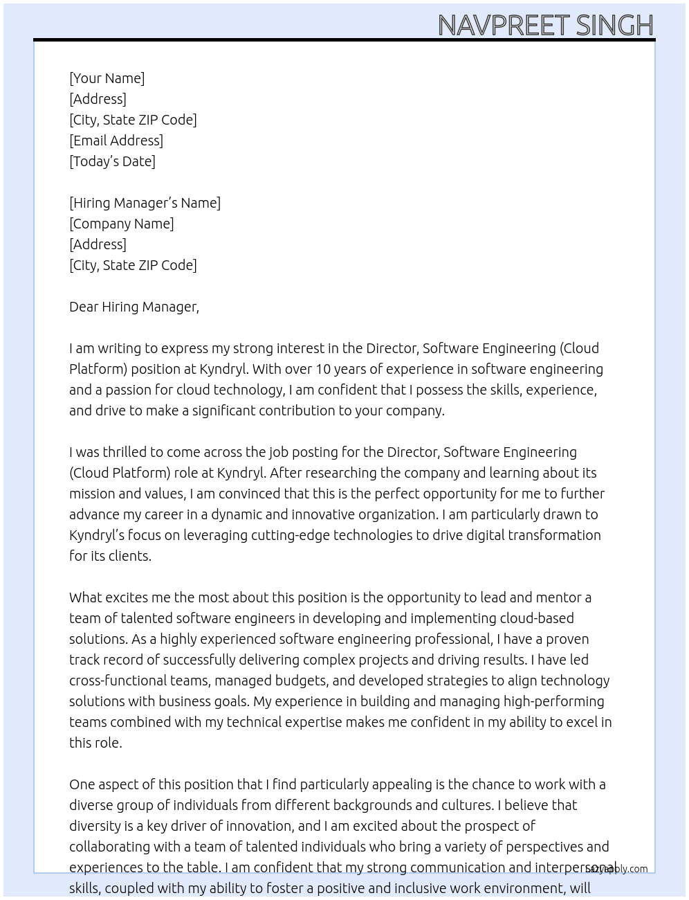 Director, Software Engineering (Cloud Platform) At Kyndryl Cover Letter
