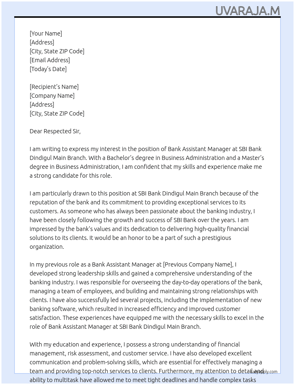 Bank Assistant Manager  At SBI BANK DINDIGUL MAIN BRANCH  Cover Letter