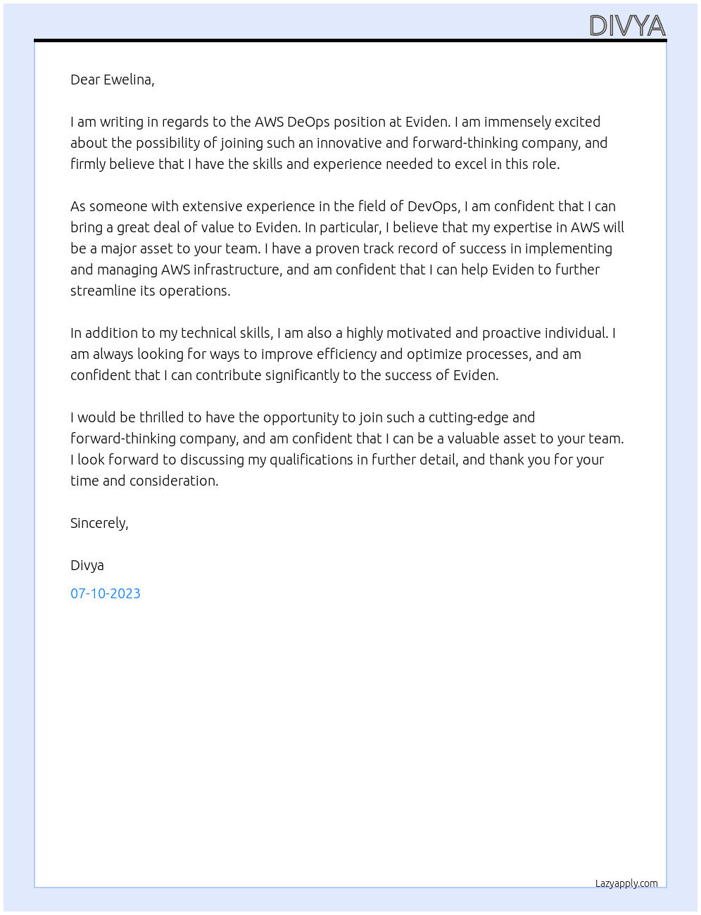 aws deops At eviden Cover Letter
