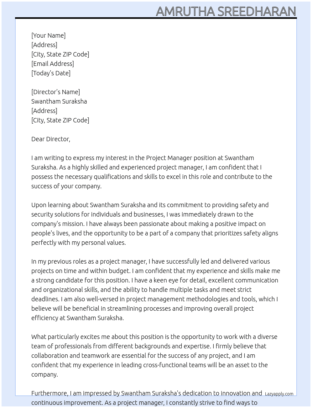 Project Manager At Swantham Suraksha  Cover Letter