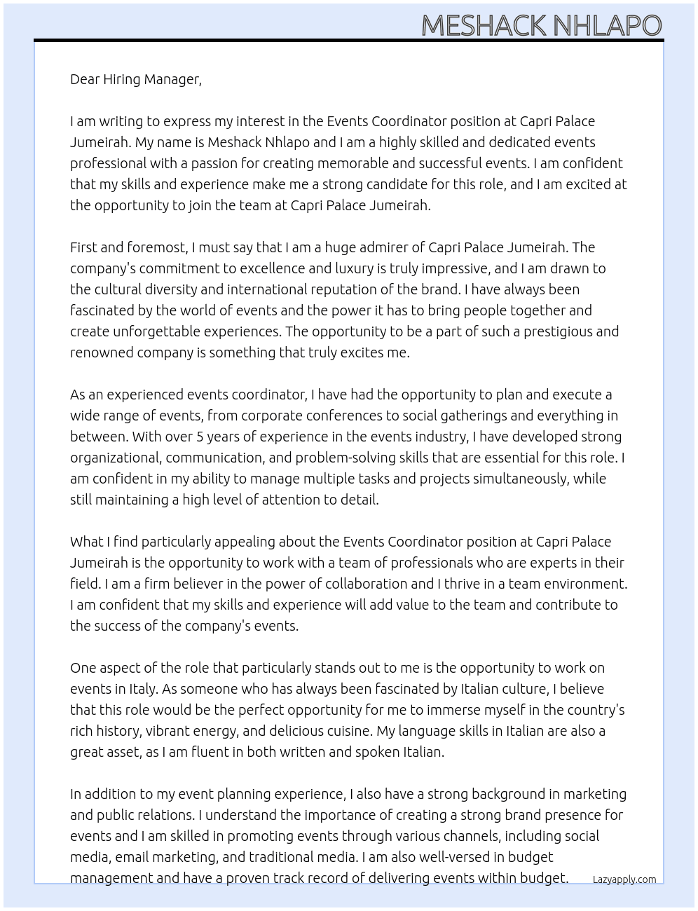 Events Coordinator At Capri Palace Jumeirah Cover Letter