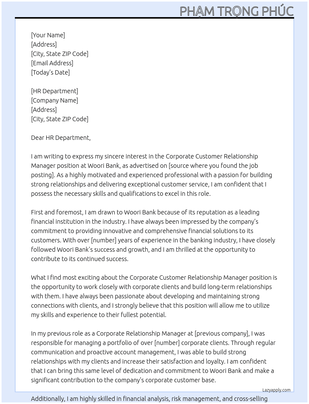 Coporate Customer Relationship Manager At Woori Bank Cover Letter