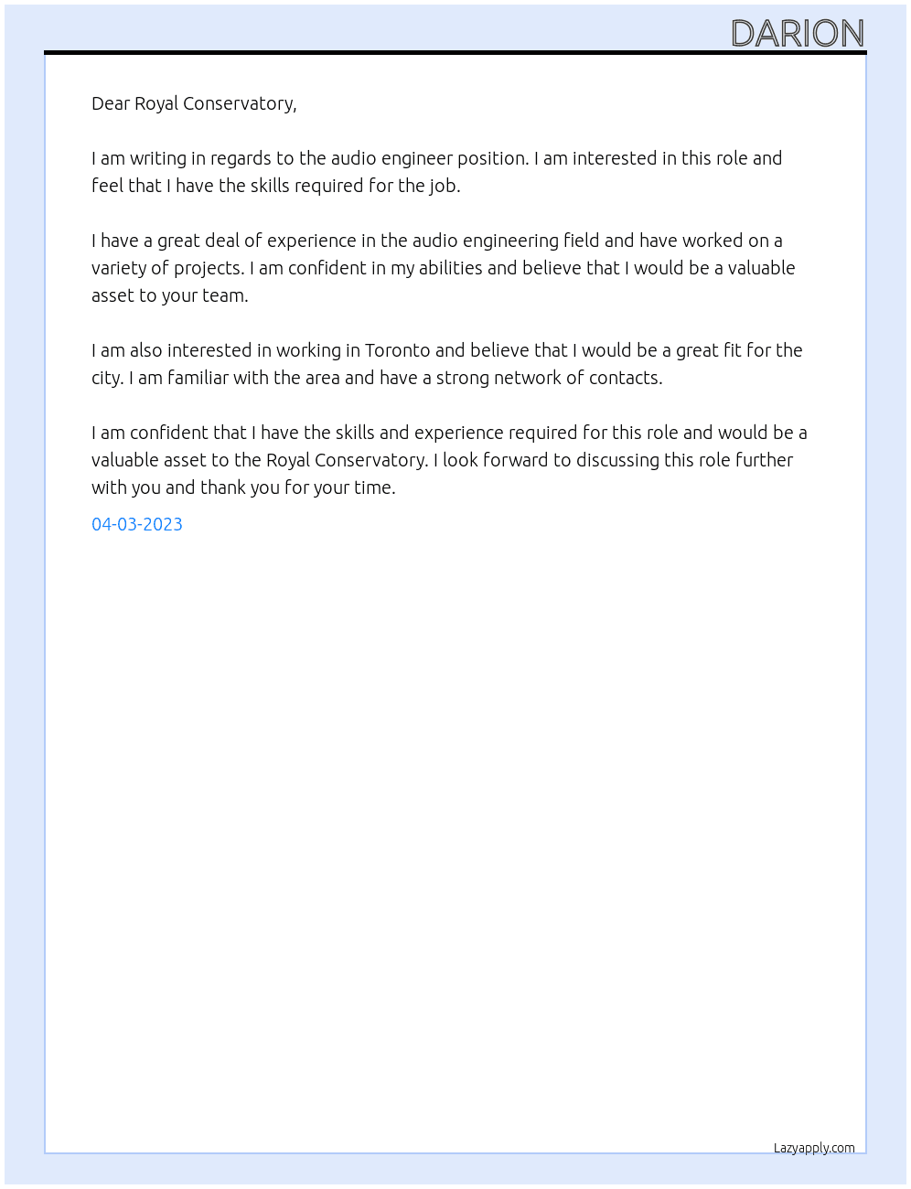 Audio Engineer At Royal Conservatory Cover Letter