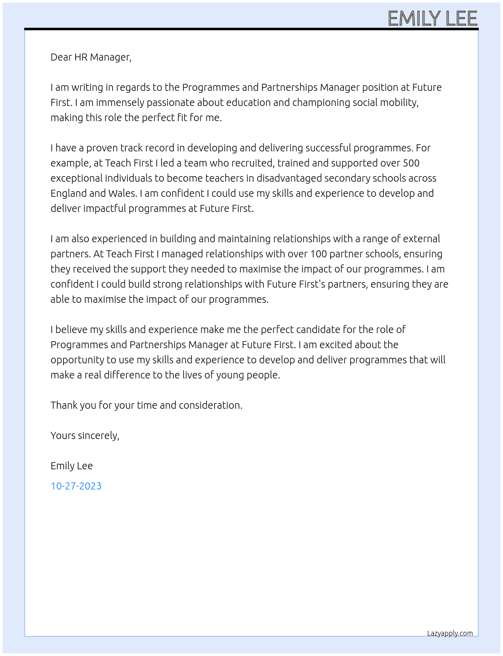 Programmes and Partnerships Manager At Future First Cover Letter