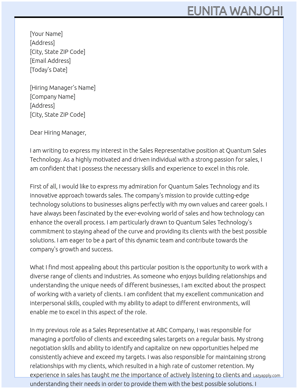 Sales Representative At Quantum Sales Technology  Cover Letter