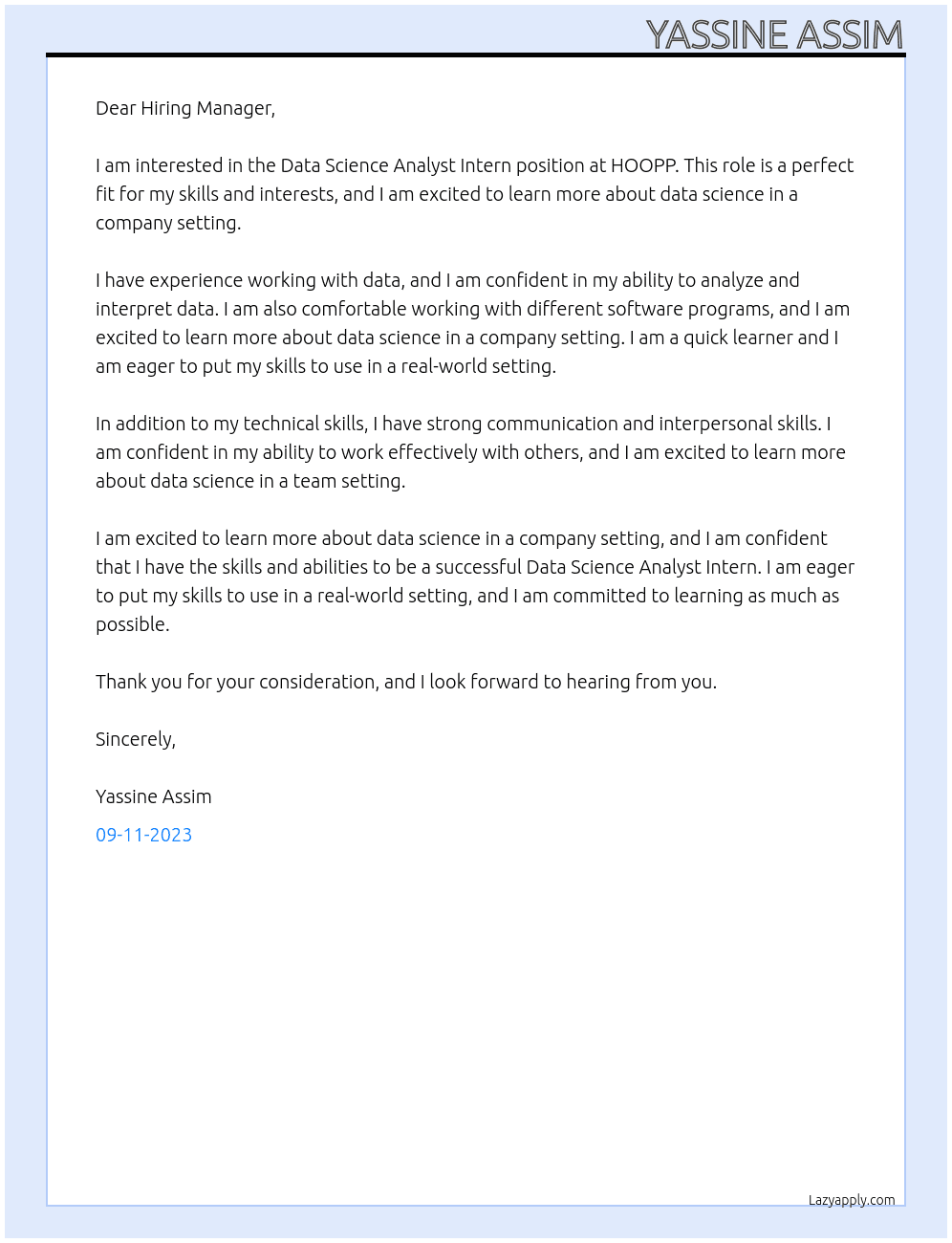 Data Science Analyst Intern At HOOPP Cover Letter