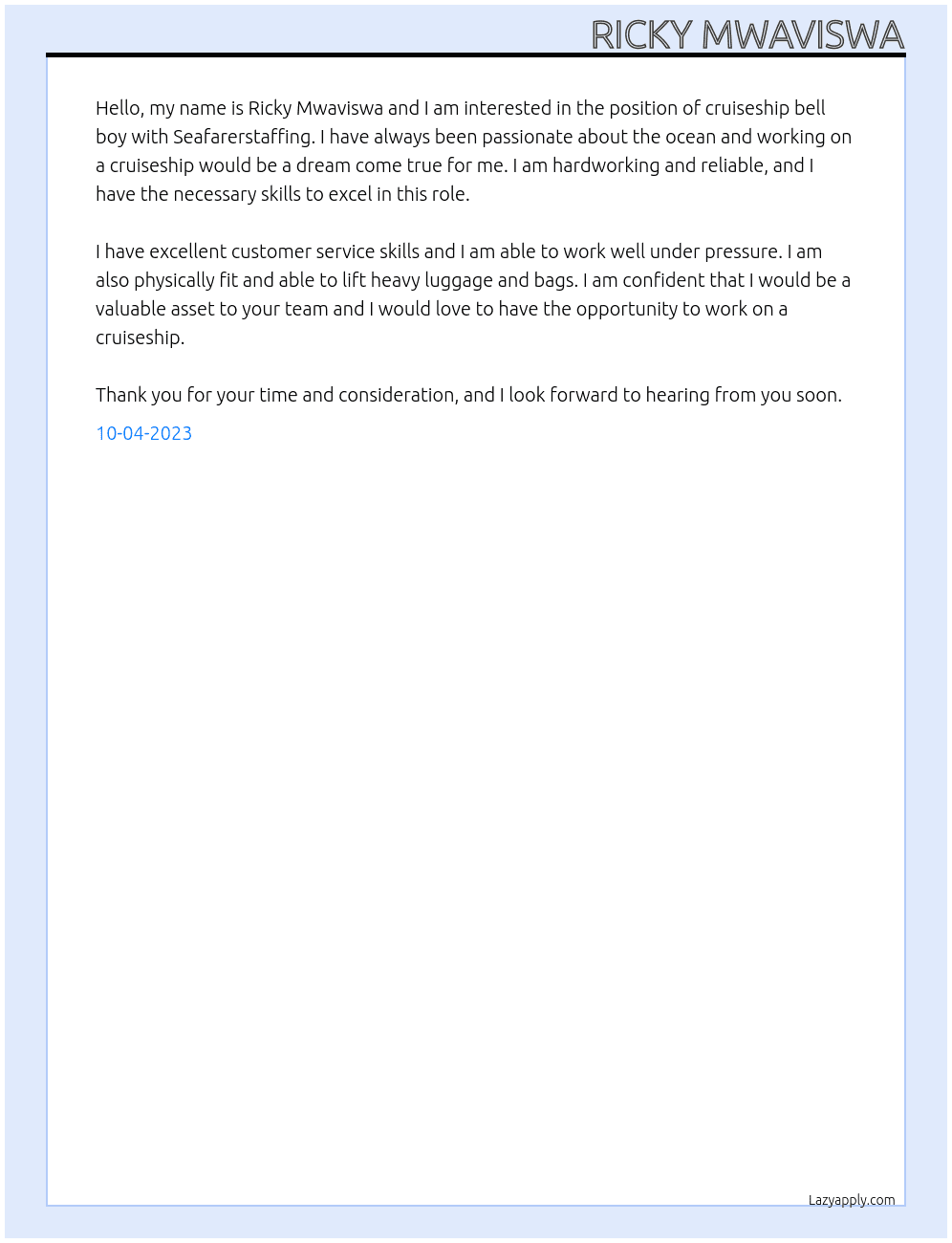 cruiseship bell boy  At seafarerstaffing Cover Letter