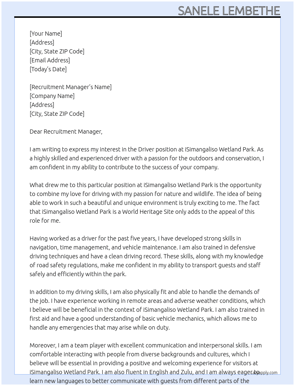 driver At iSimangaliso Wetland Park Cover Letter