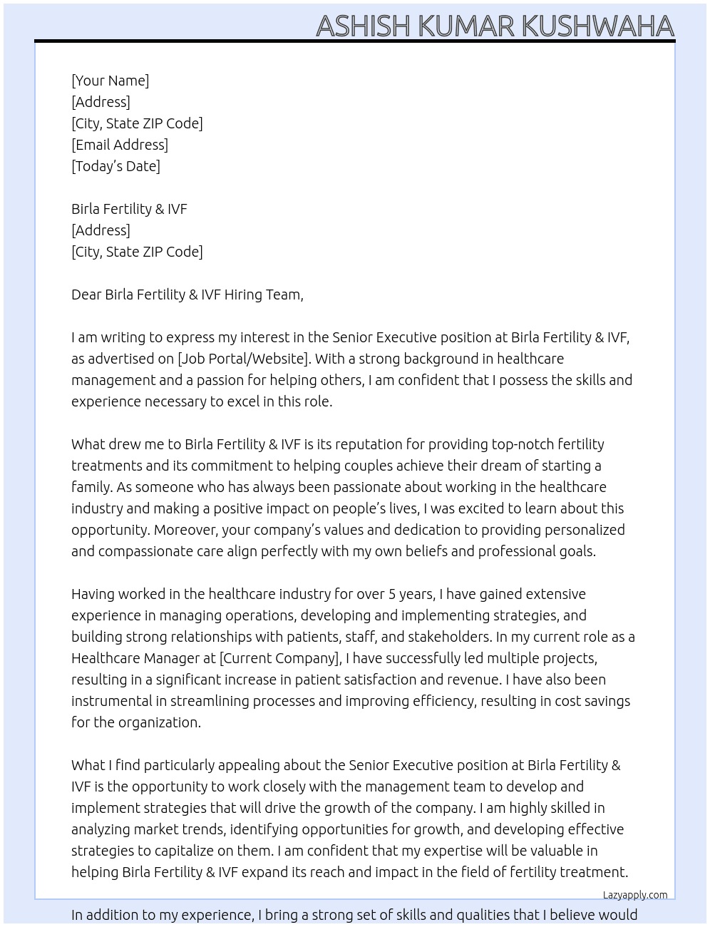 Senior Executive  At Birla Fertility & IVF Cover Letter