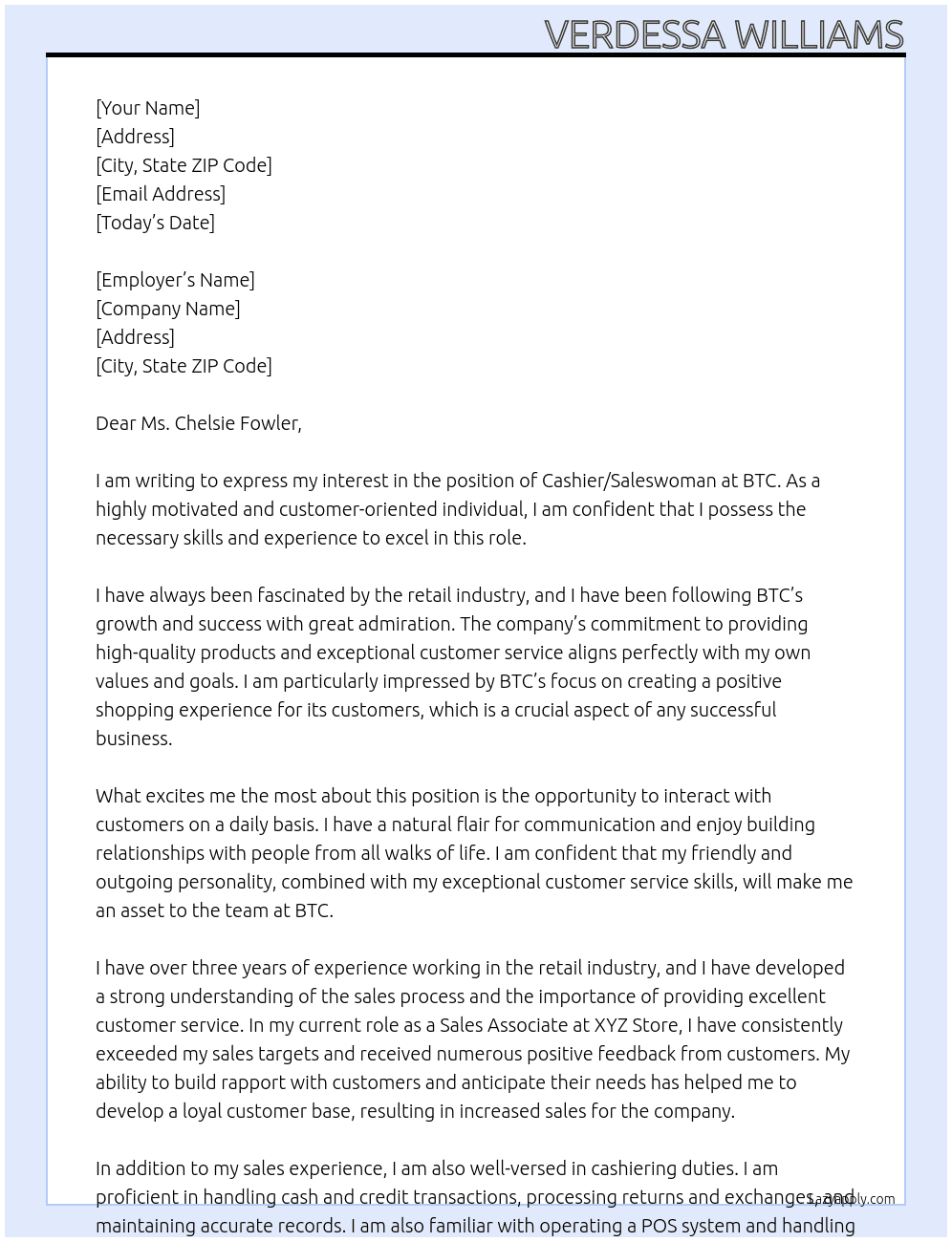 cashier/saleswoman At BTC Cover Letter