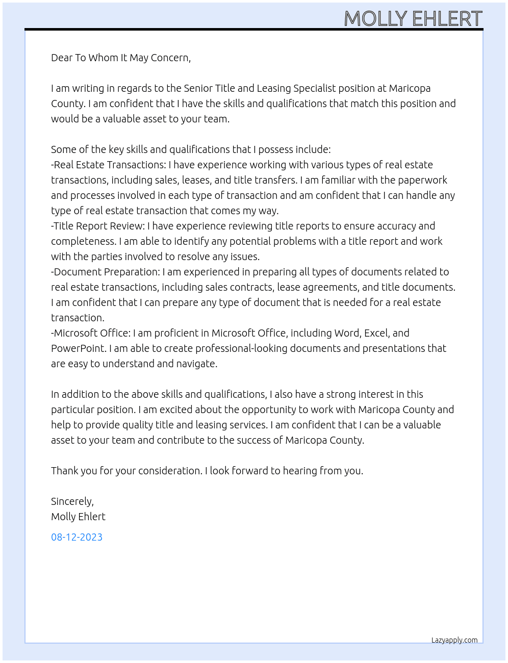 Senior Title and Leasing Specialist  At Maricopa County Cover Letter