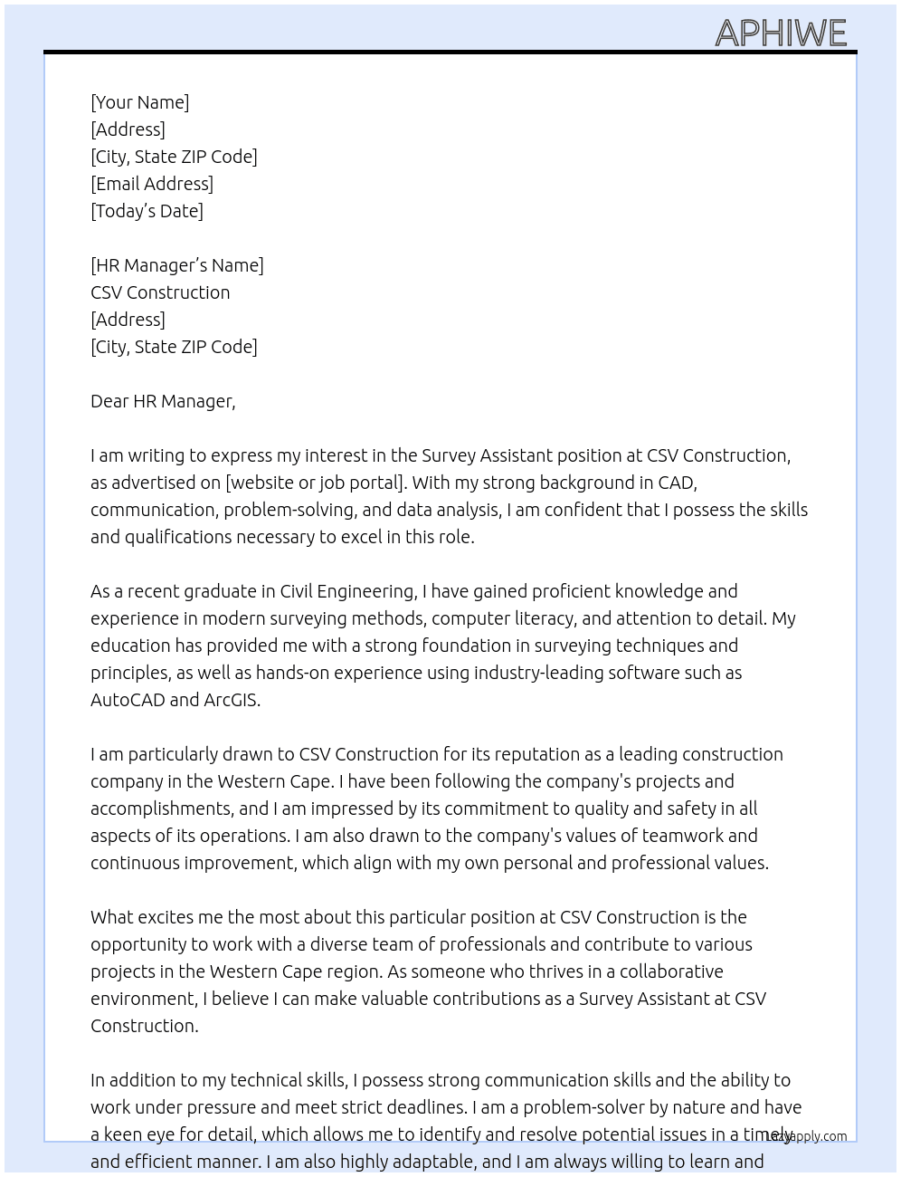 Survey Assistant At CSV Construction Cover Letter