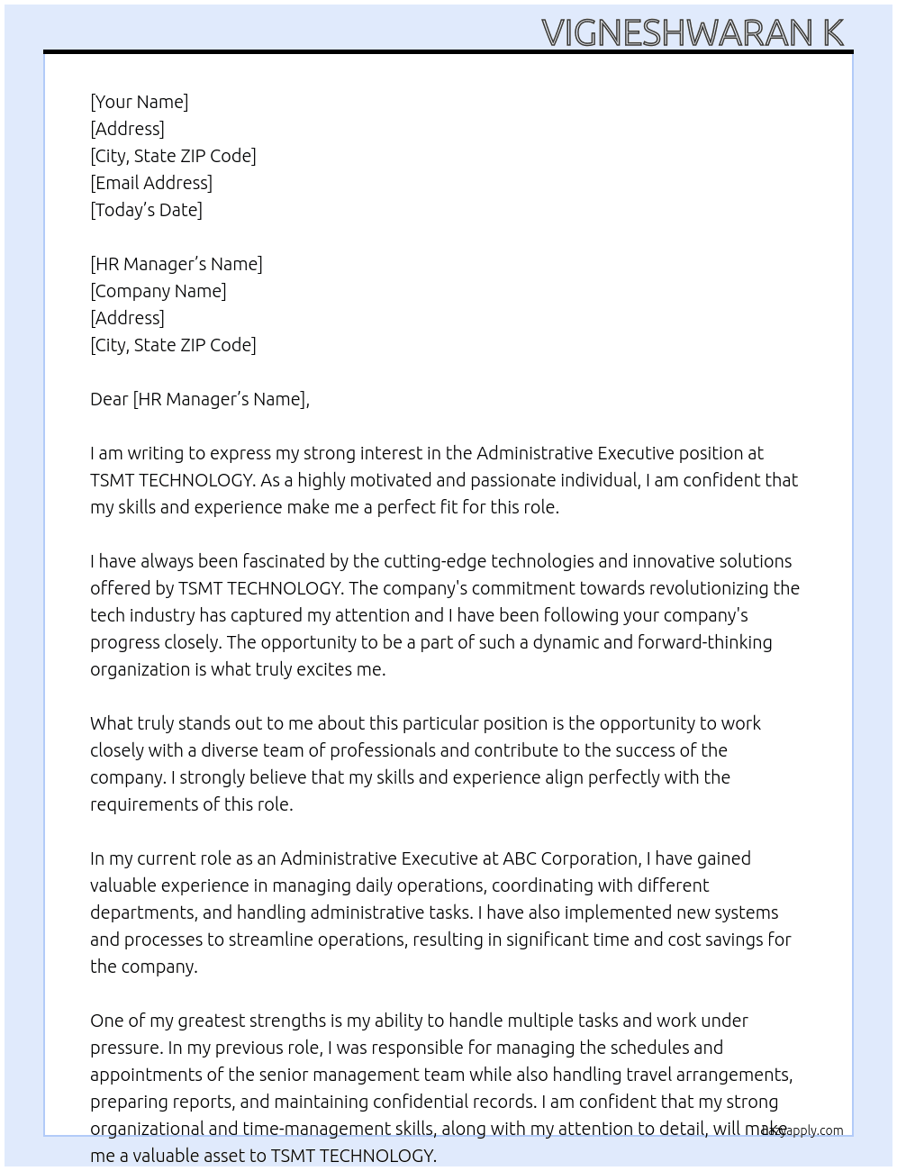 Administrative executive  At TSMT TECHNOLOGY  Cover Letter