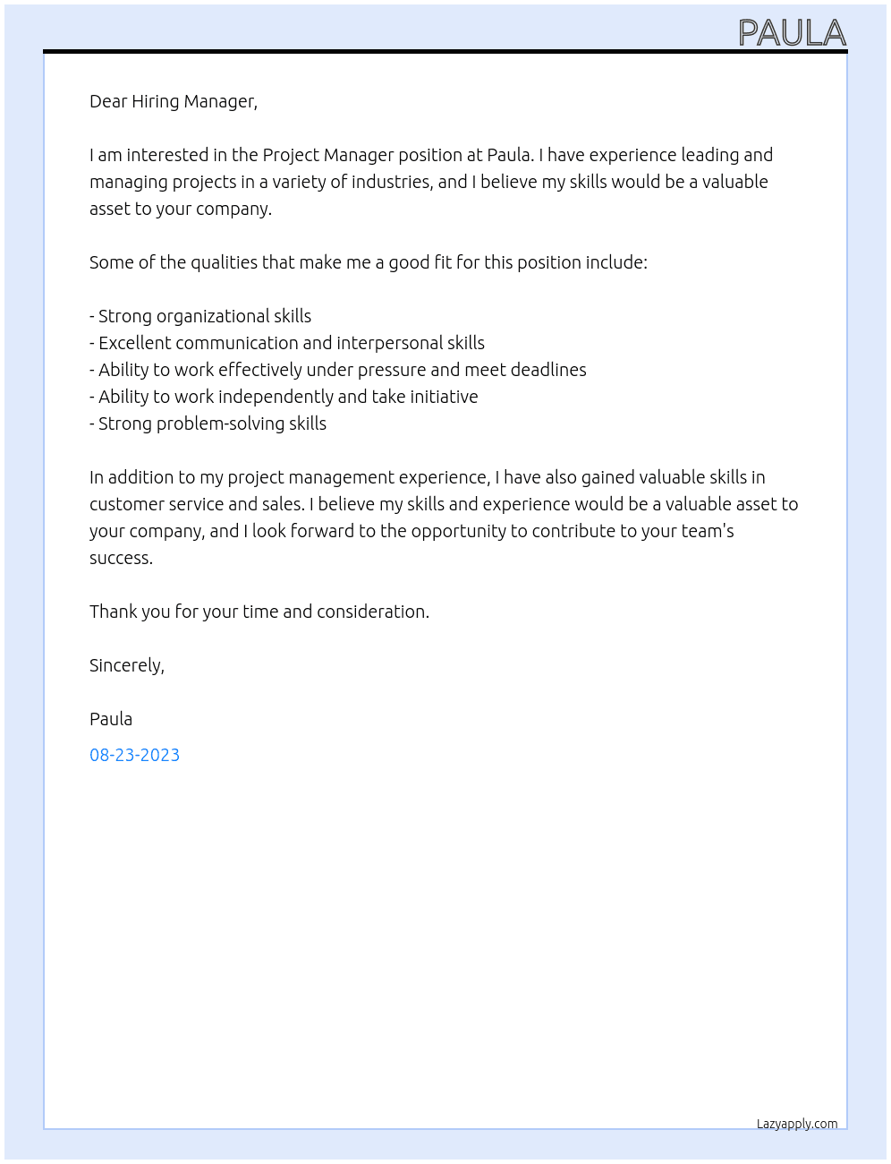 project manager At Paula Cover Letter