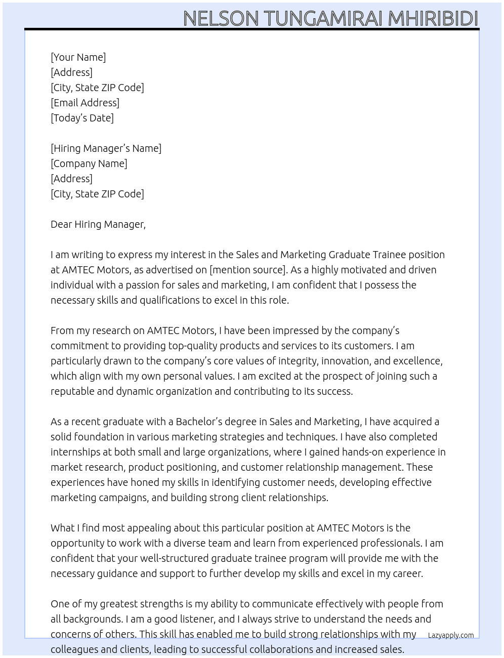 Sales And Marketing graduate trainee At AMTEC Motors Cover Letter