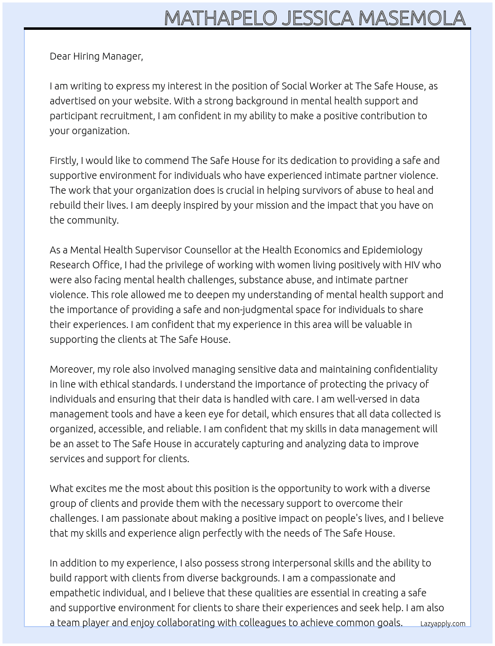 SOCIAL WORKER  At The Safe House Cover Letter