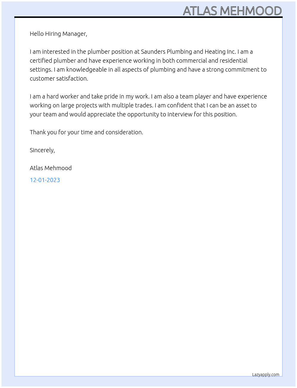 Plumber At Saunders Plumbing and Heating Inc. Cover Letter