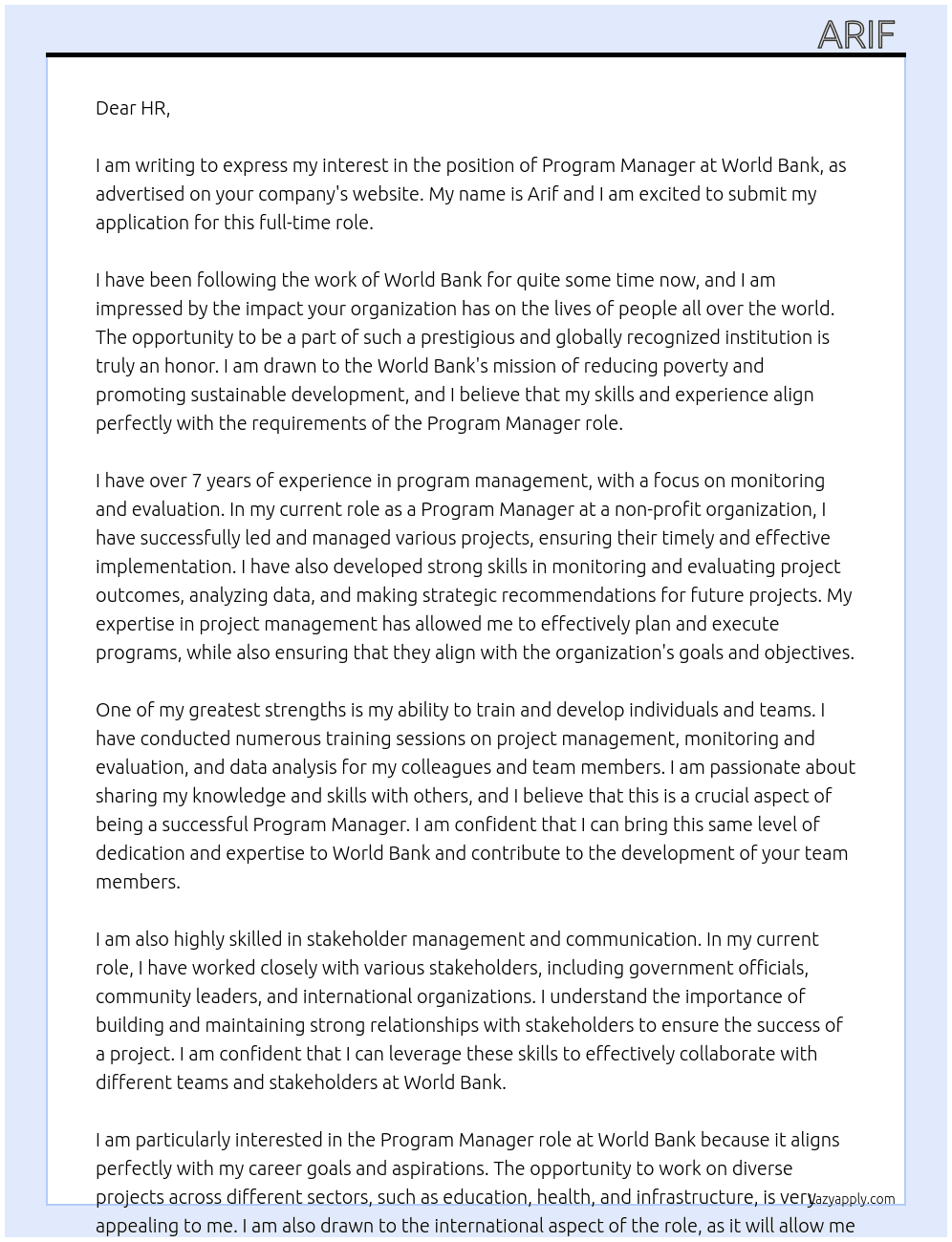 Program MAnager  At World Bank  Cover Letter