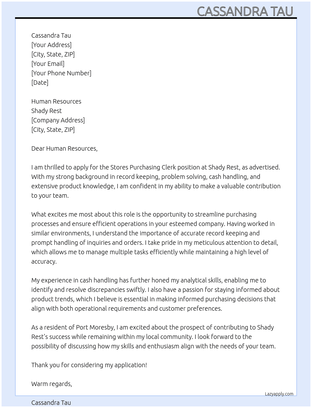 Stores Purchasing clerk At Shady Rest  Cover Letter