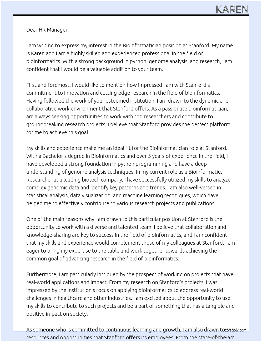 Bioinformatician At Stanford Cover Letter
