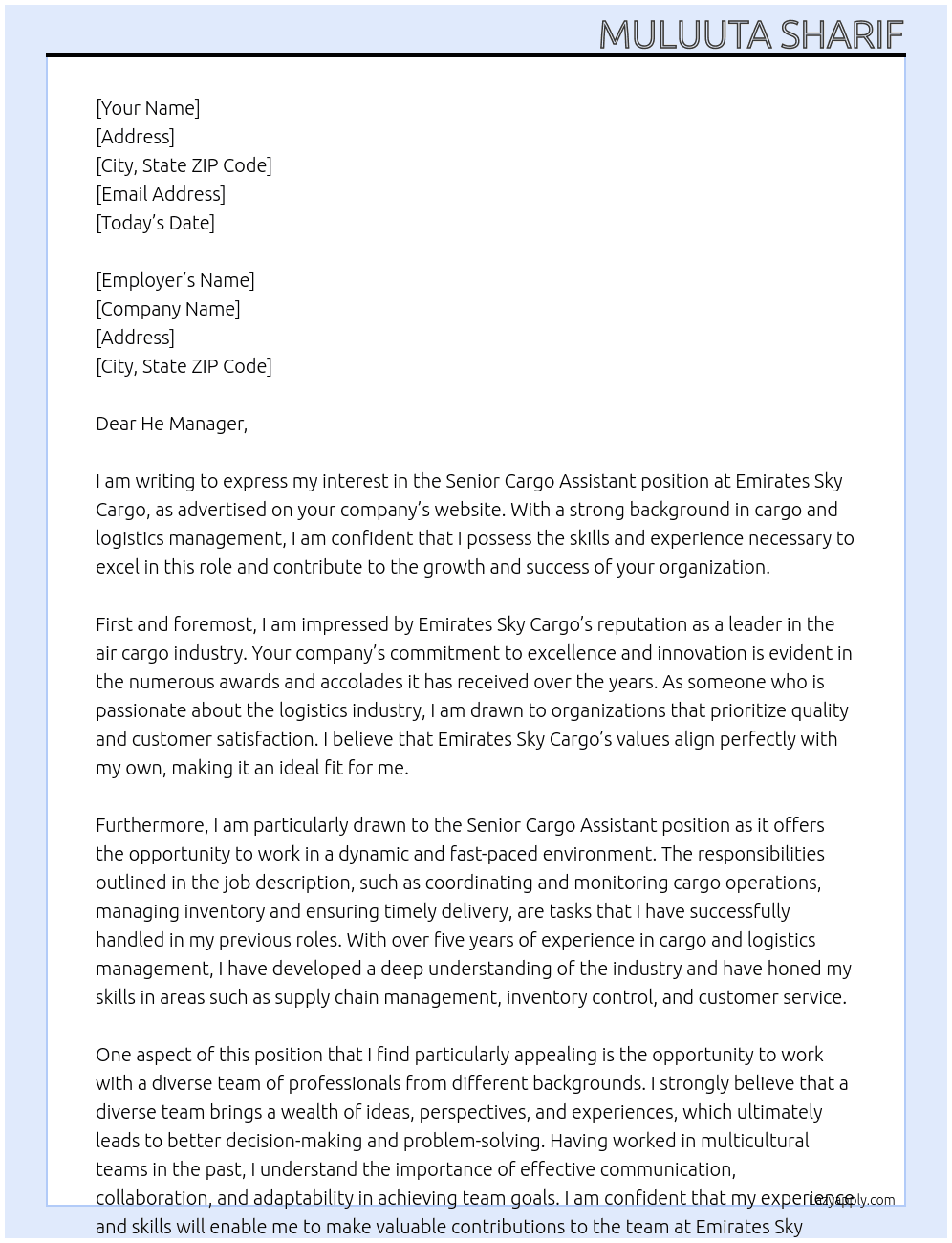 Senior cargo assistant  At Emirates sky cargo Cover Letter