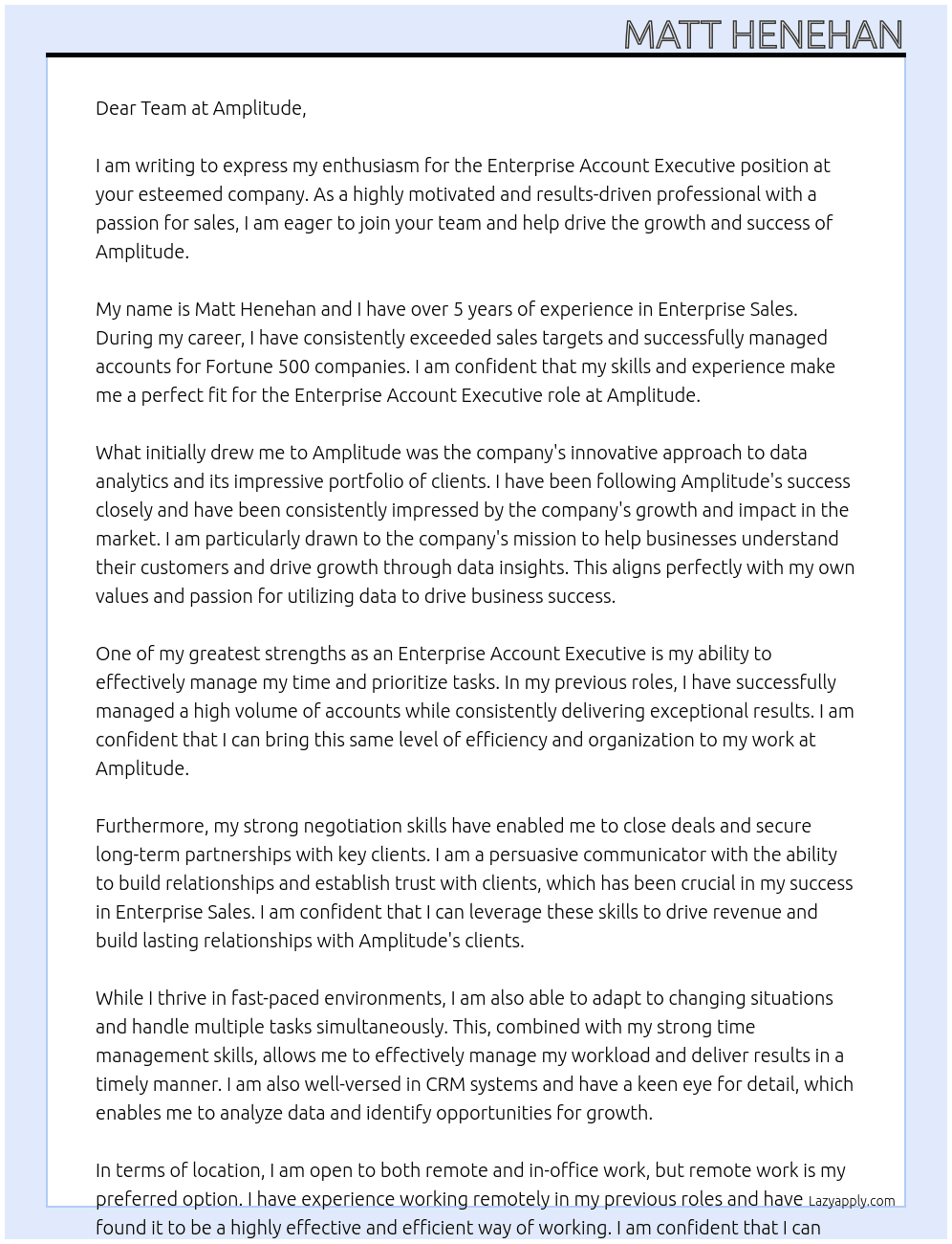 Enterprise Account Executive At Amplitude Cover Letter