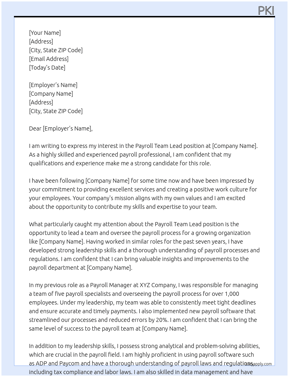 Payroll team lead At pl Cover Letter