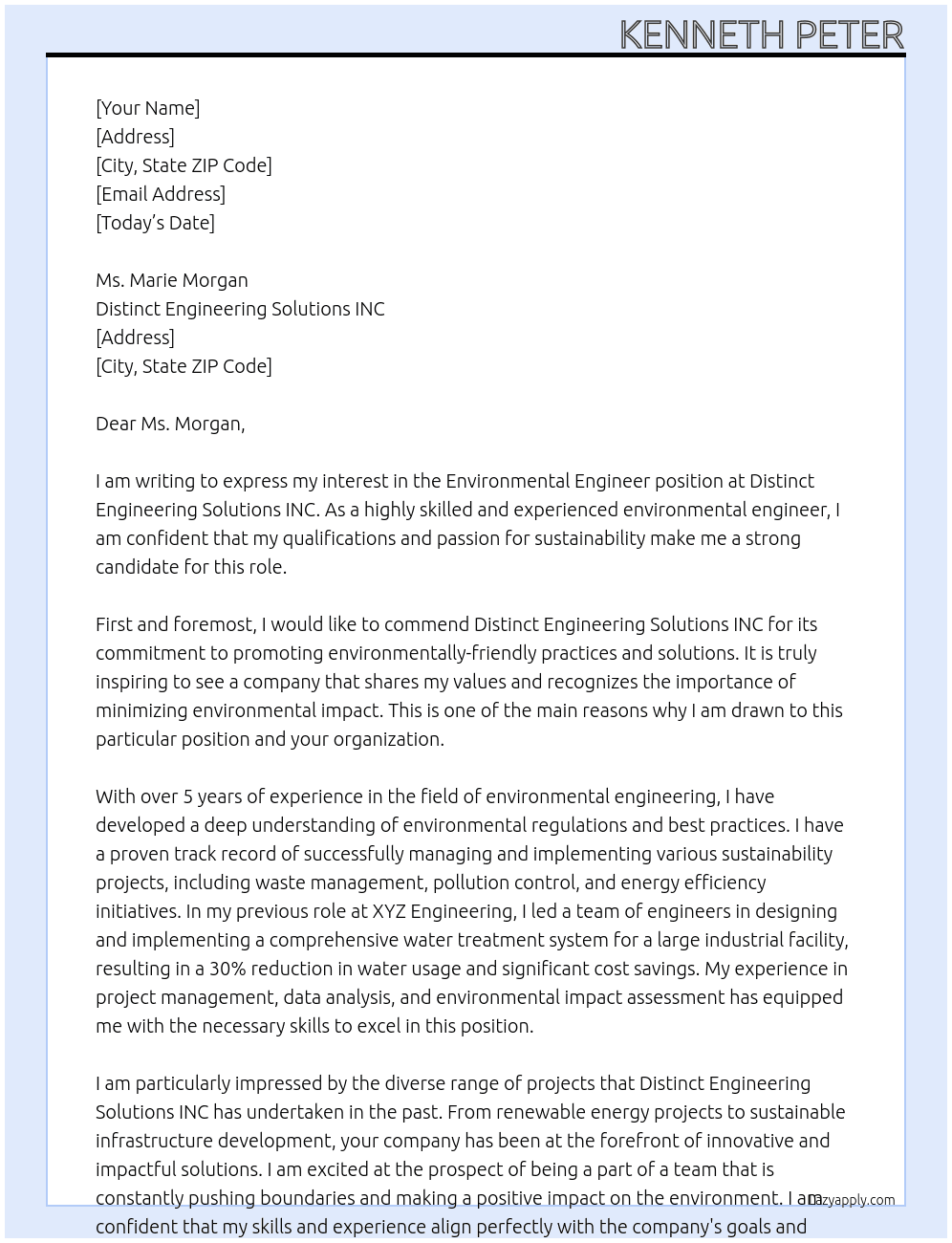 Environmental engineer At Distinct Engineering Solutions INC Cover Letter
