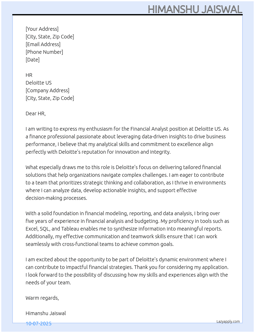 financial analyst At Deloitte US Cover Letter