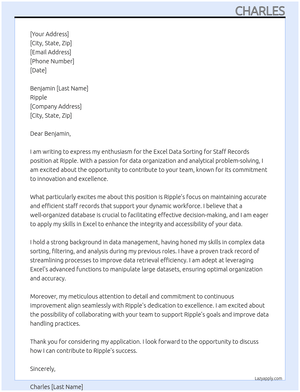 Cover letter for excel data sorting for staff records - LazyApply