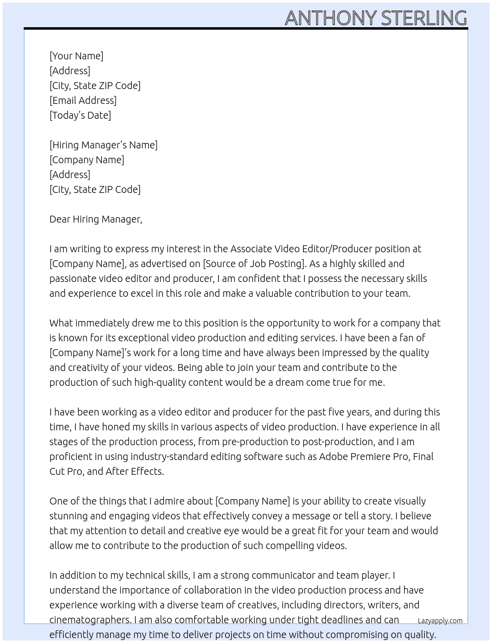 Cover letter for associate video editor/producer - LazyApply