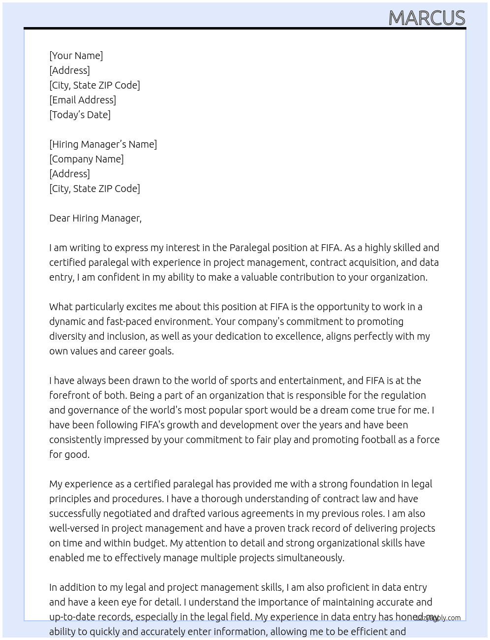 Paralegal At FIFA  Cover Letter