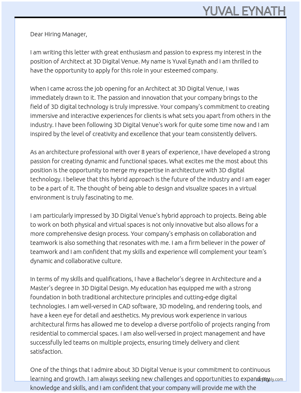 Architectture At 3D Digital Venue Cover Letter