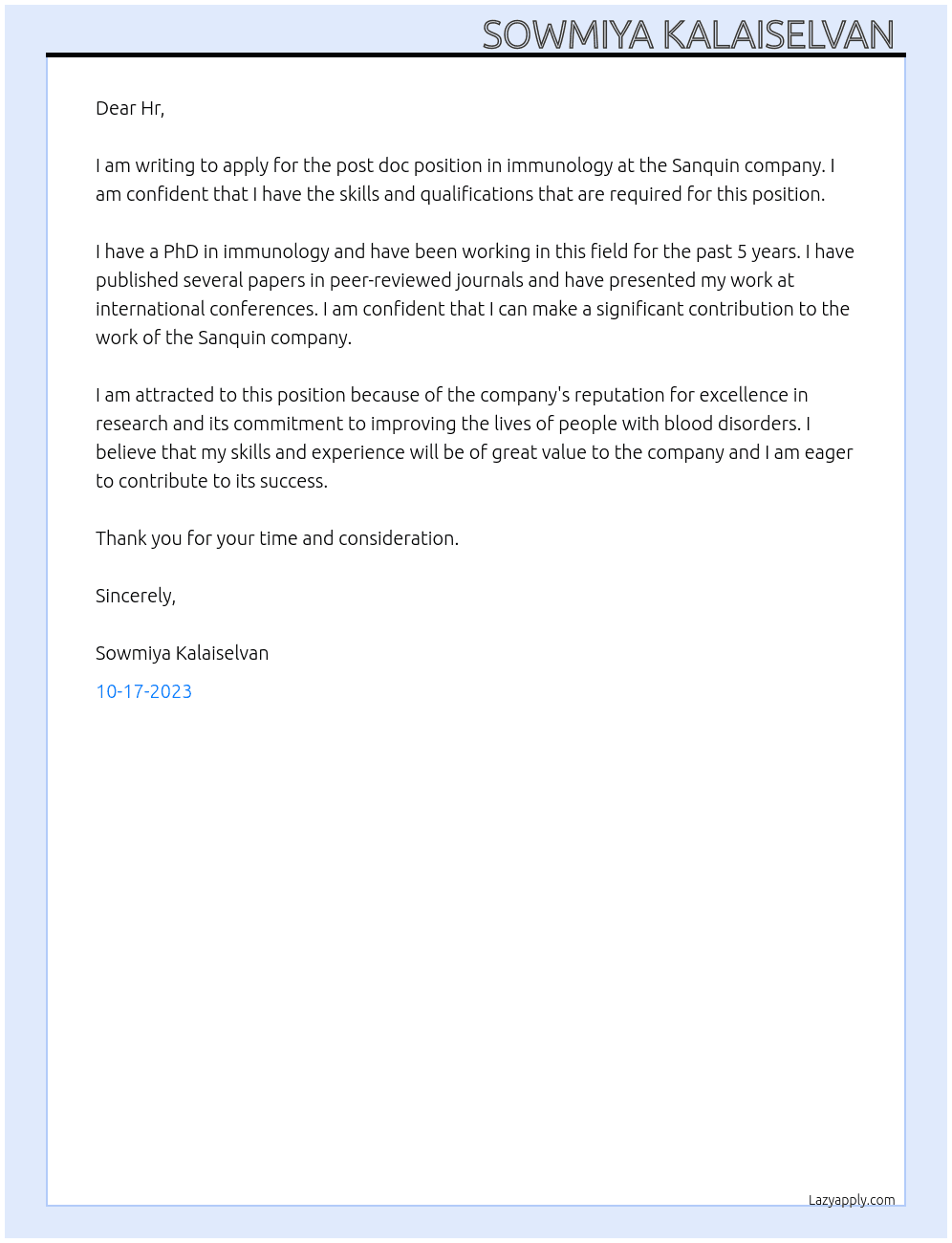 post doc  in immunology  At Sanquin company Cover Letter