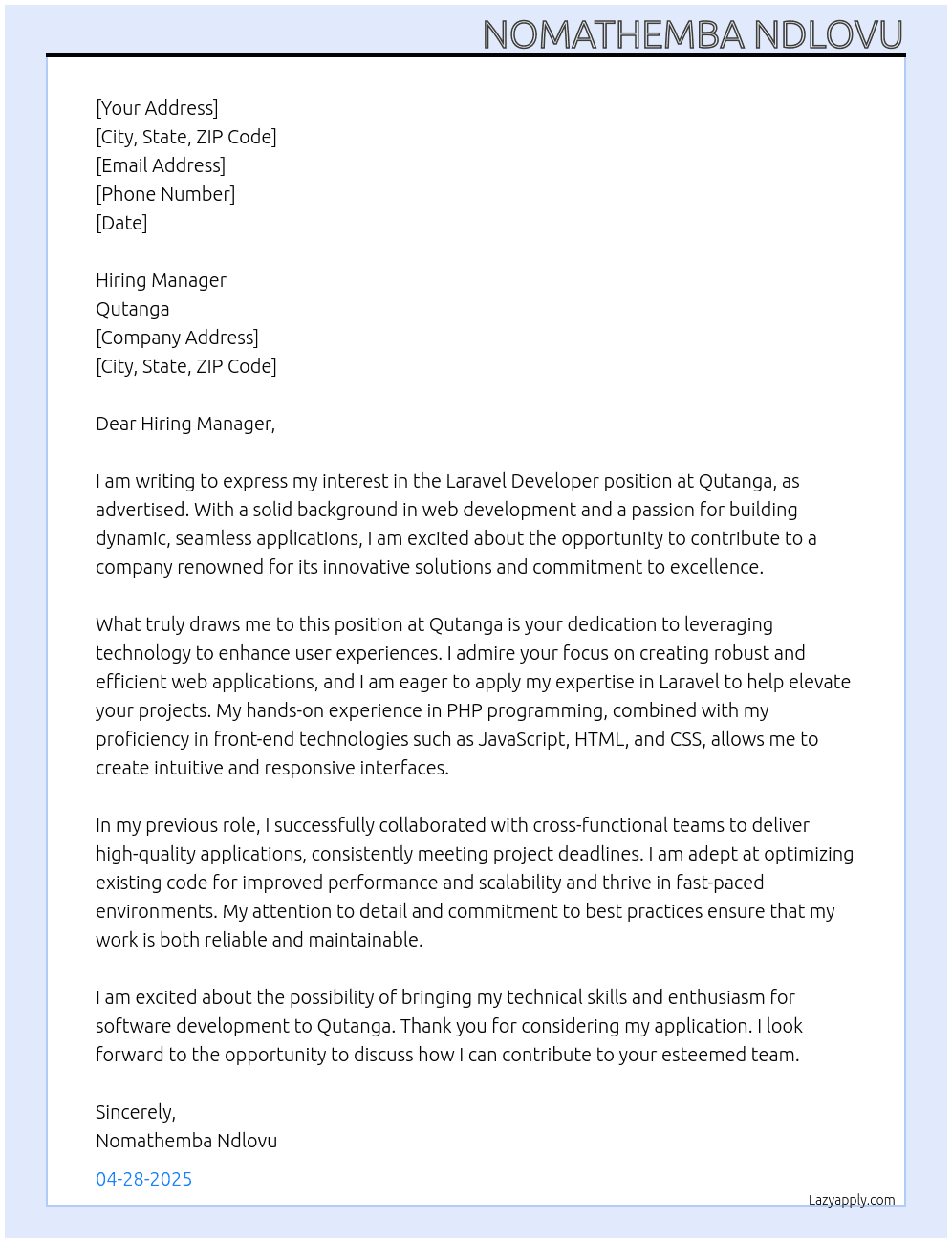 Lavarel Developer At Qutanga Cover Letter