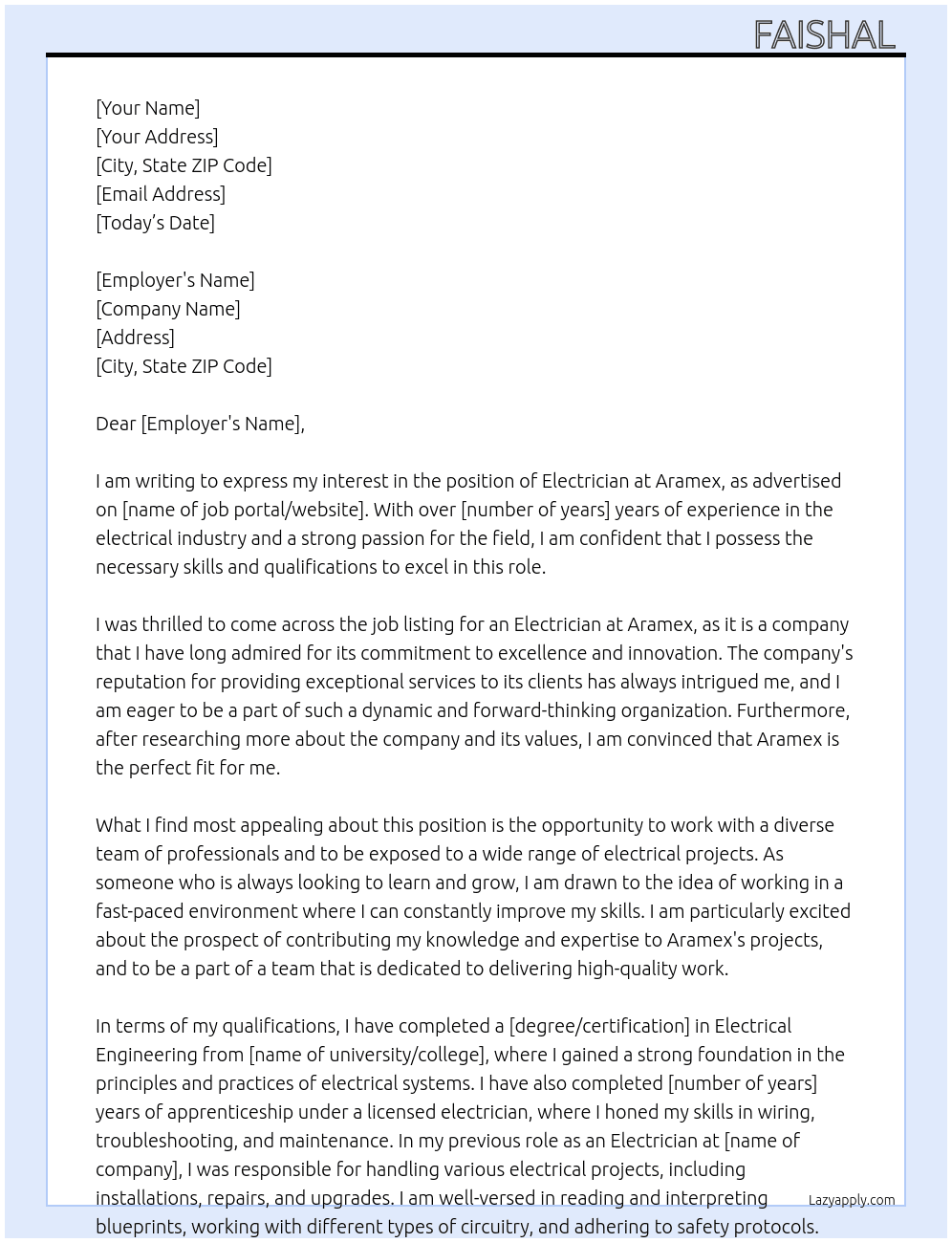 Electrician  At Aramex  Cover Letter
